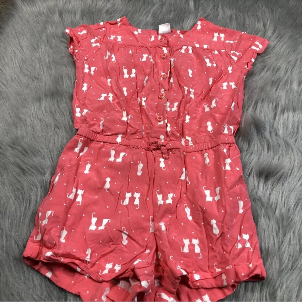 Gymboree Girls Coral Pink White Cat Romper Size 7